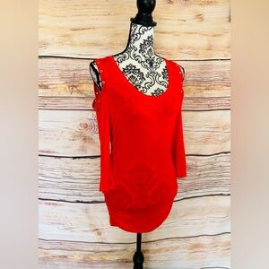 Jennifer Lopez Red Cold Shoulder 3/4 Sleeve Grommet Round Neck Ruched Sides Top